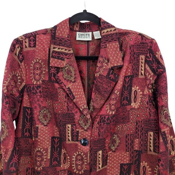 Vintage 80's Chico's Blazer Silk Duster Fashion Trench Red Metallic Print Size 1 - Picture 7 of 12